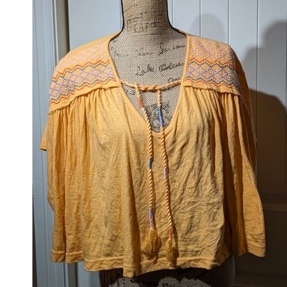Free People Carrot Ginger Embroidered Dolman Boho Tie Market Tee Womens Sz M - Picture 1 of 11